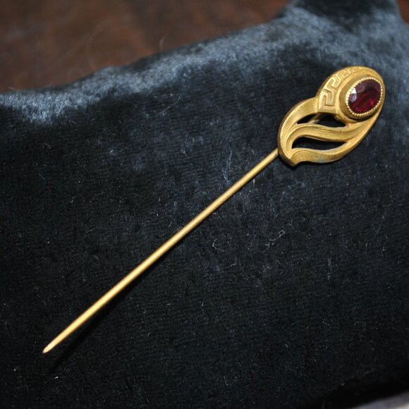 Antique Greek Key Art Nouveau Stick / Tie Pin with Red-Pink Glass - Picture 6 of 8